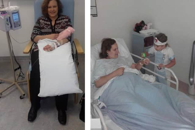 Louise Favaretto from Fareham had bowel cancel three years ago, and has urged people to get checked out if they notice changes to their body. Pictured: left is Louise during her last round of chemo and right is Louise in hospital with her daughter Daniella dressed up as a nurse
