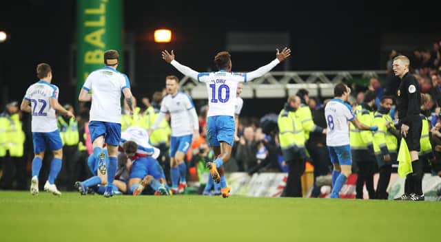 Pompey celebrate Andre Green's stoppage-time winner at Norwich two years today. Picture: Joe Pepler