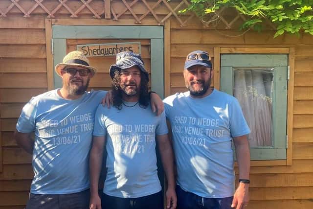 Friends walked from Fareham to the Wedgewood Rooms to raise money for the Music Venue Trust
From left, Colin Perrio, (43) postie, Chris Lee (52) window cleaner, Garry Illingworth, (51), Civil Servant
Picture by Steve Fitzgerald
Submitted June 13, 2021