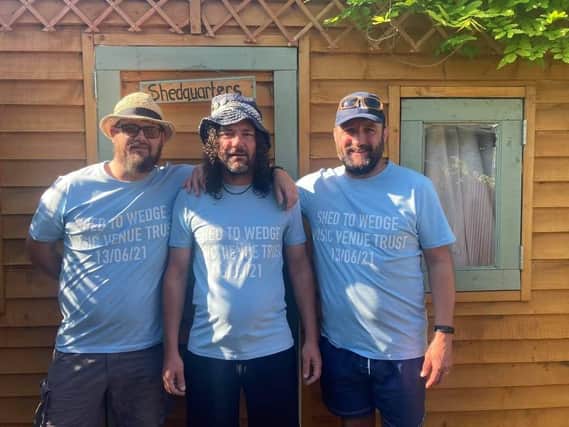 Friends walked from Fareham to the Wedgewood Rooms to raise money for the Music Venue Trust
From left, Colin Perrio, (43) postie, Chris Lee (52) window cleaner, Garry Illingworth, (51), Civil Servant  

Picture by Steve Fitzgerald

Submitted June 13, 2021