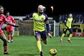 Captain Mike Carter plays a pass in Gosport's defeat against Hayes & Yeading Picture: Tom Phillips