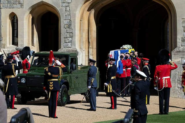 Prince Philip's casket is carried in by a guard of honour during his funeral. Photo: MoD.