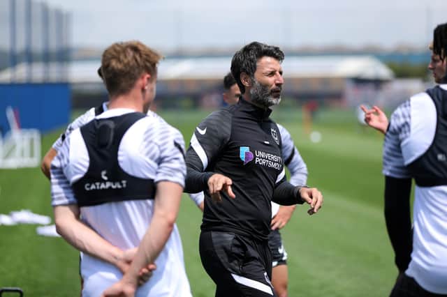 Danny Cowley addresses some of Pompey's triallists on the first day of pre-season training. Picture: Chris Moorhouse