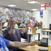 England fans come to the Legends Lounge at Portsmouth FC on Monday, November 21 to watch the England v Iran World Cup match. 

Pictured is: (right) Tony Thurston (64) from Farlington.

Picture: Sarah Standing (211122-6849)