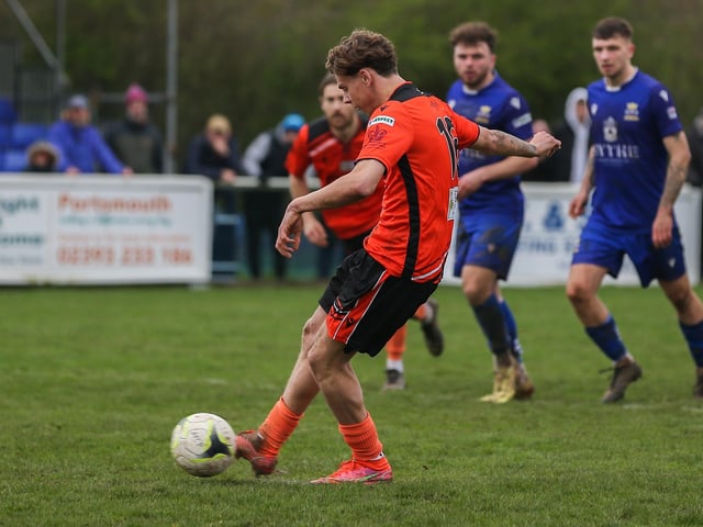 Portchester's Harrison Brook scores his side's penalty leveller. Picture by Nathan Lipsham