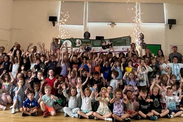 Fernhurst Primary School children and staff celebrating the Ofsted outcome.
