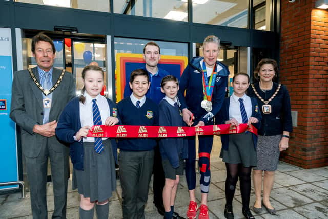 ALDI Havant grand opening. Pictured: Team GB Rower Frances Houghton. store manger Stephen Stratford and school children from Bosmere Junior School, and Cllr Diana Ratrick & Mayor Cllr James Spencer.