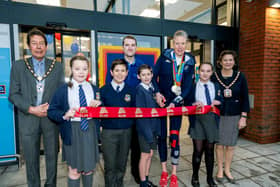 ALDI Havant grand opening. Pictured: Team GB Rower Frances Houghton. store manger Stephen Stratford and school children from Bosmere Junior School, and Cllr Diana Ratrick & Mayor Cllr James Spencer.