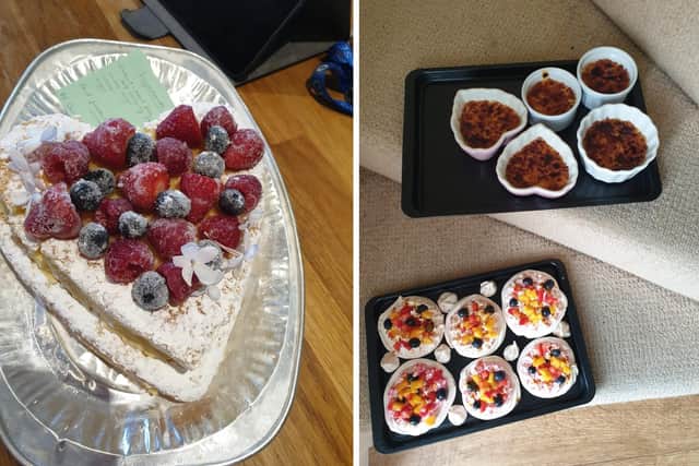 Matt Milham and Tracie Bruno from Stubbington had to postpone their wedding for a year due to coronavirus restrictions, but their friends pulled out all the stops to make sure they marked the original date. Pictured: Wedding cake and canapes delivered to their house