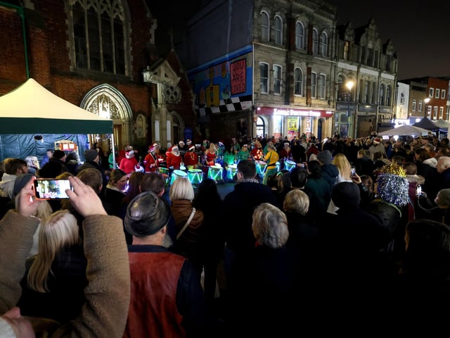 Festive drummers entertain the crowds at Gosport High Street Christmas Lights Switch On.