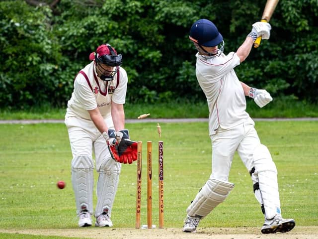 A Railway Triangle batsman is bowled during his side's Hampshire League loss to Fareham & Crofton in Division 5 SE. Picture: Peter Foster.