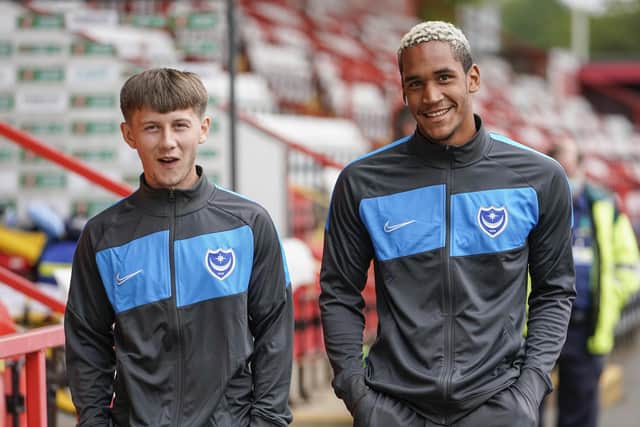 Alfie Stanley, left, with Pompey team-mate Haji Mnoga  Picture: Jason Brown