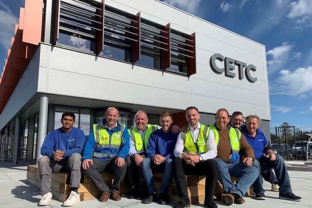 Apprentices and industry representatives outside the newly constructed Civil Engineering Training Centre at Fareham College.