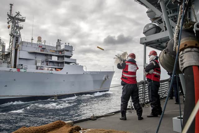 Pictured: HMS Kent's ship's company take part in a replenishment at sea with the USNS Supply.HMS KENT FUELS AT SEA WITH US SUPPLY SHIPOn Wednesday 29th April 2020, HMS Kent conducted a replenishment at sea (RAS) with the USNS Supply. The RAS gave essential refresher training to the ship's company on potentially one of the most complex evolutions that takes place within the Royal Navy.HMS Kent is currently conducting maritime security operations around Uk waters before she will return to her home port in May.Credit: LPhot Dan Rosenbaum, HMS Kent