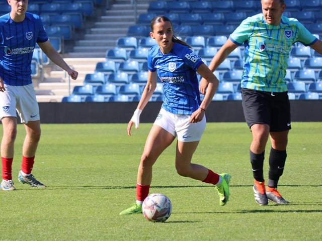 (L-R) Alex Ward, Mia Adaway, and Jake Alford at Fratton Park.