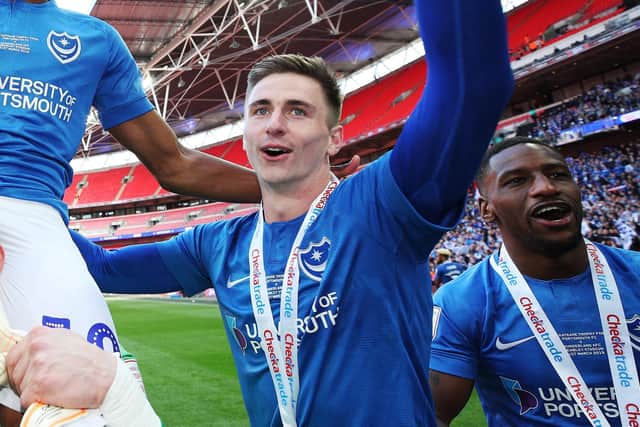 Oli Hawkins celebrates Pompey's 2019 EFL Trophy final win against Sunderland at Wembley