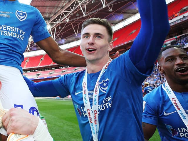 Oli Hawkins celebrates Pompey's 2019 EFL Trophy final win against Sunderland at Wembley