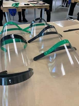 The finished face shields made by children in their design and technology lessons.