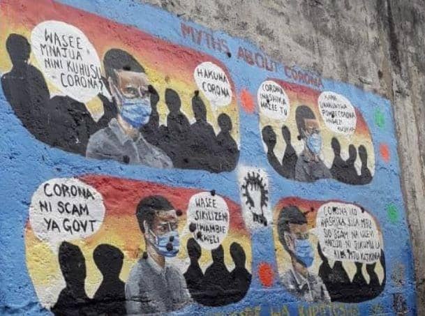 A mural comic strip illustrating the myths around Covid.