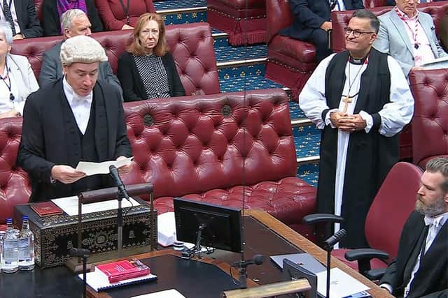 The writ from HM the King is read out as the Bishop of Portsmouth is introduced to the House of Lords