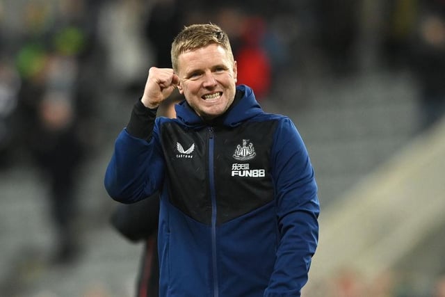 Newcastle manager Eddie Howe celebrates with the fans after the Premier League match between Newcastle United  and  Everton at St. James Park on February 08, 2022 in Newcastle upon Tyne, England. (Photo by Stu Forster/Getty Images)