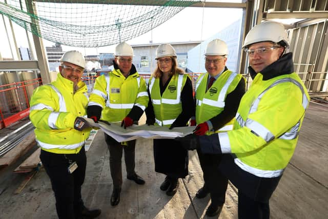 Pictured are (L-R) Andrew Williamson and Ian Diaper from the Port, Penny Mordaunt MP, Portsmouth Council Leader Cllr Gerald Vernon-Jackson and Mike Sellers. Friday November 25, 2022. Picture: Sam Stephenson.