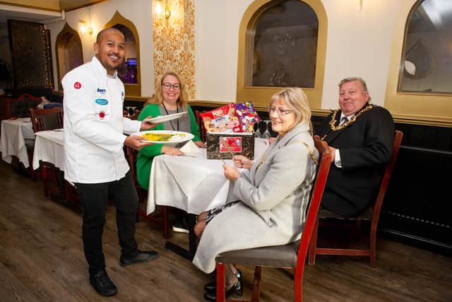 Pictured: Pictured: Akash owner Faz Ahmed,  Reverse Calender organiser, Hayley Wheeler,  Lady Mayoress Mrs Joy Maddox and Lord Mayor Frank Jonas at the Akash restaurant. 
Picture: Habibur Rahman