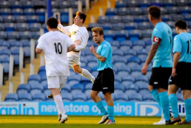 Stuart Green celebrates his goal for Moneyfields in the 2012/13 Portsmouth Senior Cup final win against Baffins Milton Rovers. Picture: Allan Hutchings