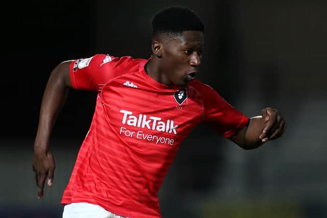 Di'Shon Bernard in action for Salford during his loan spell from Manchester United. Picture: Lewis Storey/Getty Images