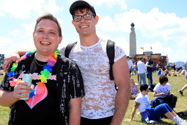 Luc Deschanel and Andrew McDougall, right. Portsmouth Pride, Southsea Common. Picture: Chris Moorhouse (jpns 110622-18)