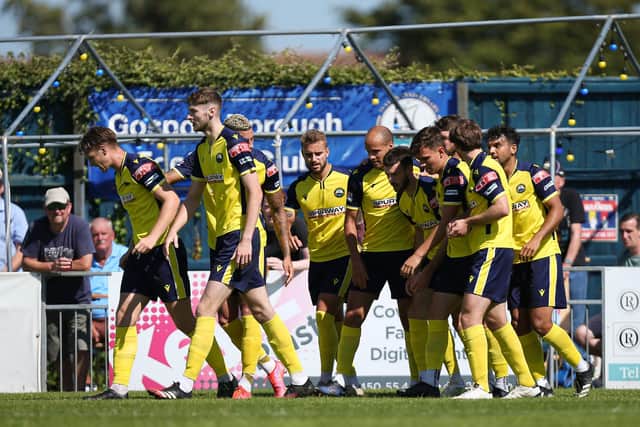 Gosport players come together after Bradley Tarbuck's last-gasp winner. Picture: Chris Moorhouse (jpns 120821-22)
