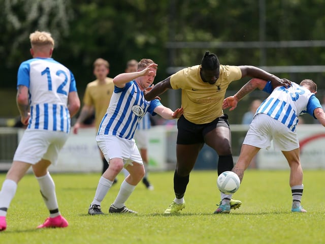 Action from the Challenge Cup final between Wicor Mill (gold shirts) and Coach & Horses Albion. Picture: Chris Moorhouse (jpns 210523-08)