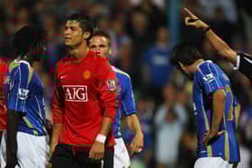 Cristiano Ronaldo is pointed to the dressing room by referee Steve Bennett after sending him off at Fratton Park in August 2007. Picture: Mike Hewitt/Getty Images