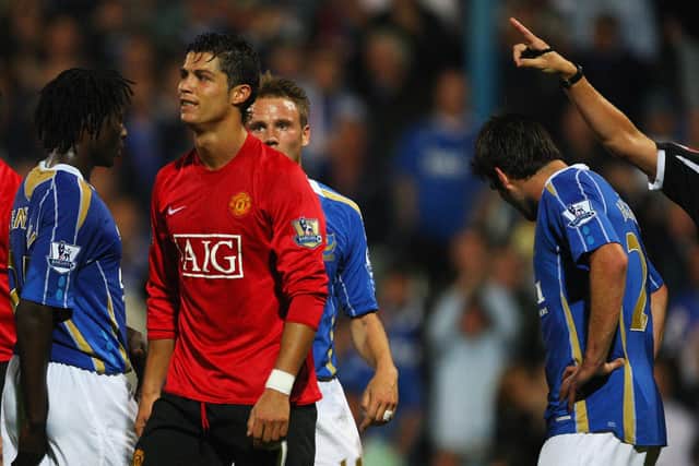 Cristiano Ronaldo is pointed to the dressing room by referee Steve Bennett after sending him off at Fratton Park in August 2007. Picture: Mike Hewitt/Getty Images