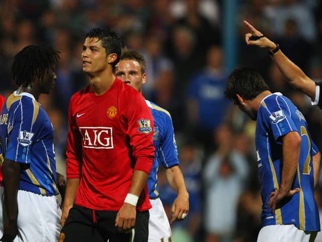 Cristiano Ronaldo is pointed to the dressing room by referee Steve Bennett after sending him off at Fratton Park in August 2007. Picture: Mike Hewitt/Getty Images