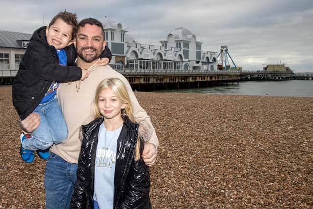 Andy Gatenby, with son Law, four, and daughter Lexi, 10. Picture: Alex Shute