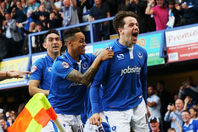 Marc McNulty celebrates scoring his first goal of the League Two play-off semi-final first leg against Plymouth in May 2016. Picture: Joe Pepler