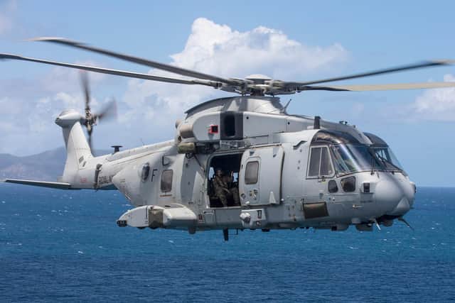 A Merlin helicopter from 845 Commando Helicopter Force in flight over The British Virgin Islands. Picture: Royal Navy