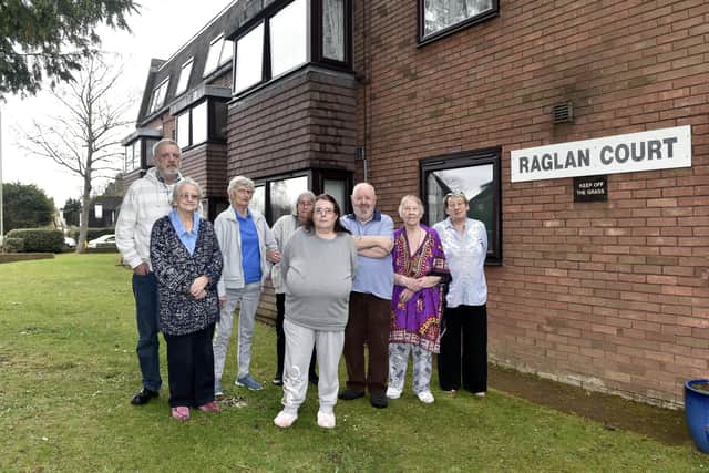 Residents at Raglan Court in Gosport, have been informed that they will experience their service charge and rent increase by a dramatic amount (about £80 roughly a week) and many are going to struggle paying this. 

Pictured is: Residents (l-r) Martin Hulland, Muriel Smith, Mary Gray, June Hobbins, Elaine Tuffey, Dave Borthwick, Margaret Roberts and Delia Hamilton.

Picture: Sarah Standing (070323-945)