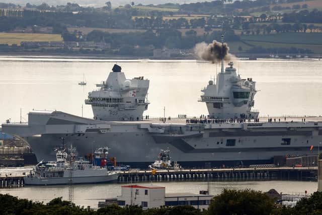 ROSYTH, SCOTLAND - JULY 21: Aircraft carrier HMS Prince of Wales set sail from from Rosyth Dockyard on July 21, 2023. Picture: Jeff J Mitchell/Getty Images.