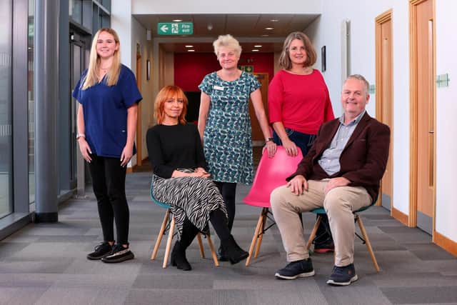 Dr Donal Collins, right,  has worked with a team to set up an online programme to help people with type 2 diabetes combat their condition by changing their diet. From left, Hannah Collins, Debi Cox, Lin Barlow, Dr Sabine Bohmer and Dr Donal Collins. Pictured at Fareham Innovation Centre
Picture: Chris Moorhouse   (jpns 131021-16)