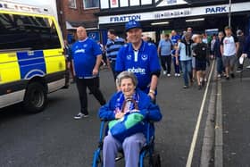 Joan Geary outside her beloved Fratton Park.