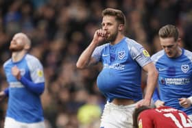 Man of the match Michael Jacobs celebrates scoring Pompey's second in their 4-0 thumping of Cheltenham. Picture: Jason Brown/ProSportsImages