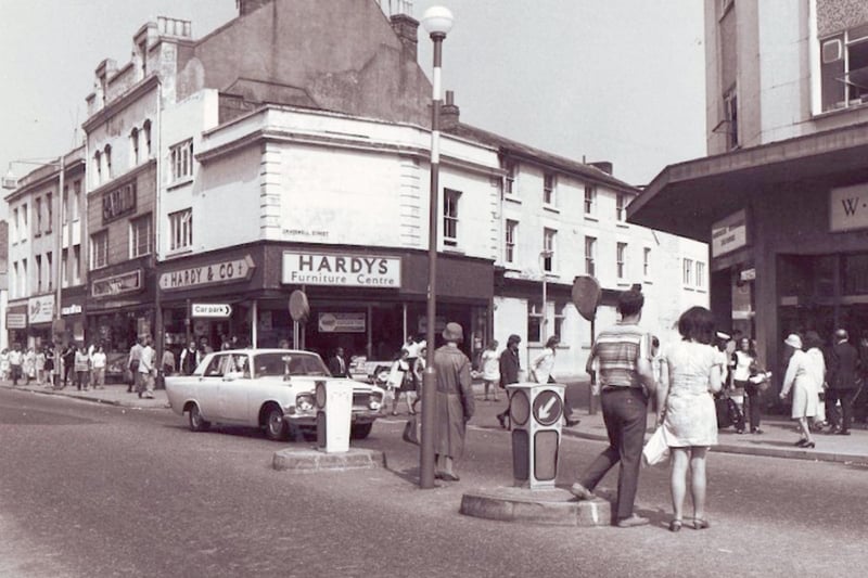 The junction of Commercial Road and Craswell Street sometime after the mid 1960's and early 1970's. Hardy's furniture store can be seen behind.