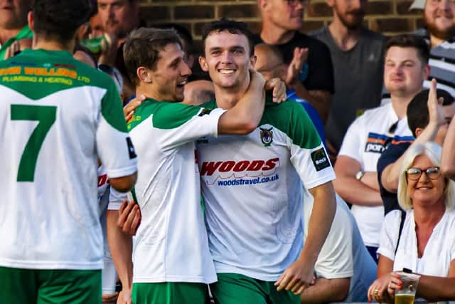 Dan Smith celebrates scoring for Bognor against Pompey in pre-season. Picture: Tommy McMillan
