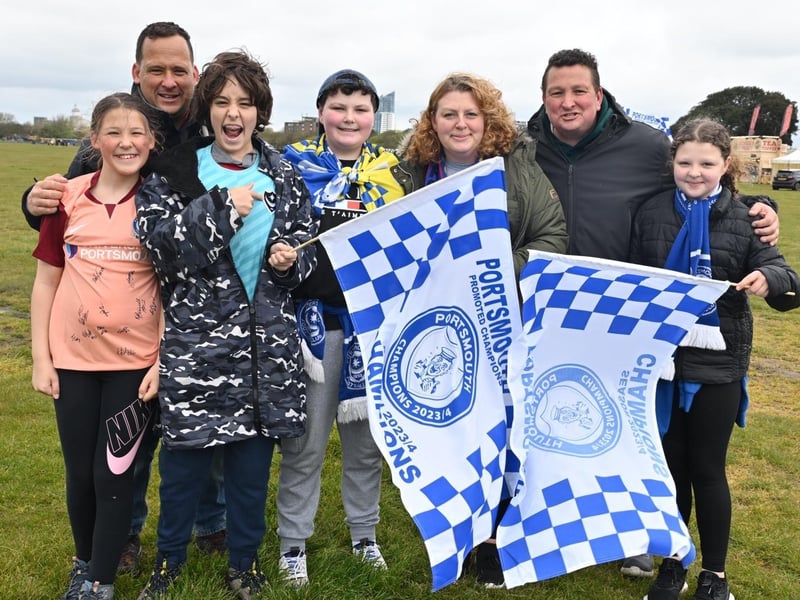 Thousands of Pompey FC fans flocked to Southsea Common to celebrate the team's League One title and promotion. Pictured: The Jones Family and the Staley FamilyPicture Credit: Keith Woodland