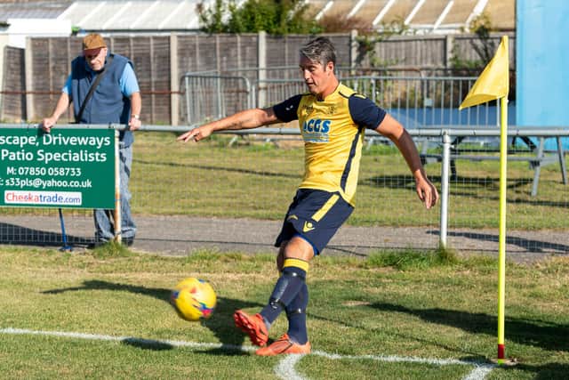 Brett Poate takes a corner for Moneyfields during the 2019/20 season. Picture: Vernon Nash