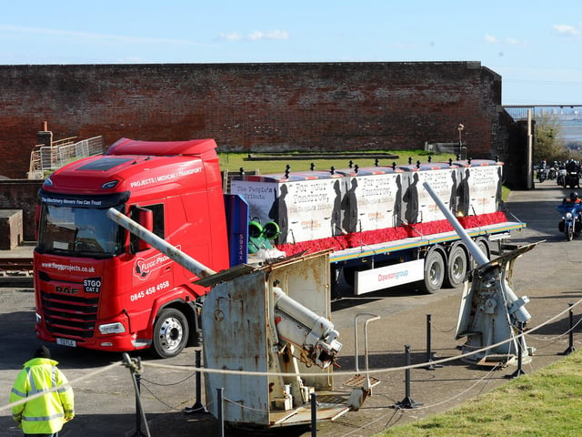 The ''Installation Team'', along with 1500 Giants on 4 articulated lorries, travelled to France on Friday, 28th March 2025, stopping at Fort Nelson on the way.  Picture: Sarah Standing (280325-3933)