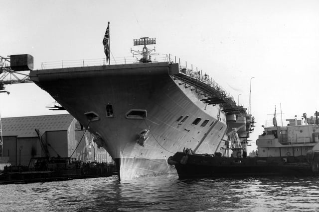HMS Bulwark emerging after a refit from Portsmouth's dry dock in 1968. The News PP4998