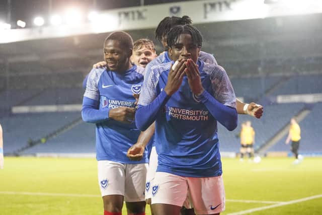 Koby Mottoh celebrates his goal - and Pompey's third - in the FA Youth Cup first-round win over Three Bridges at Fratton Park. Picture: Jason Brown